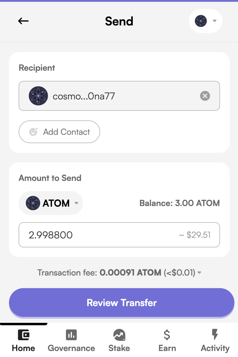 Leap Wallet Send